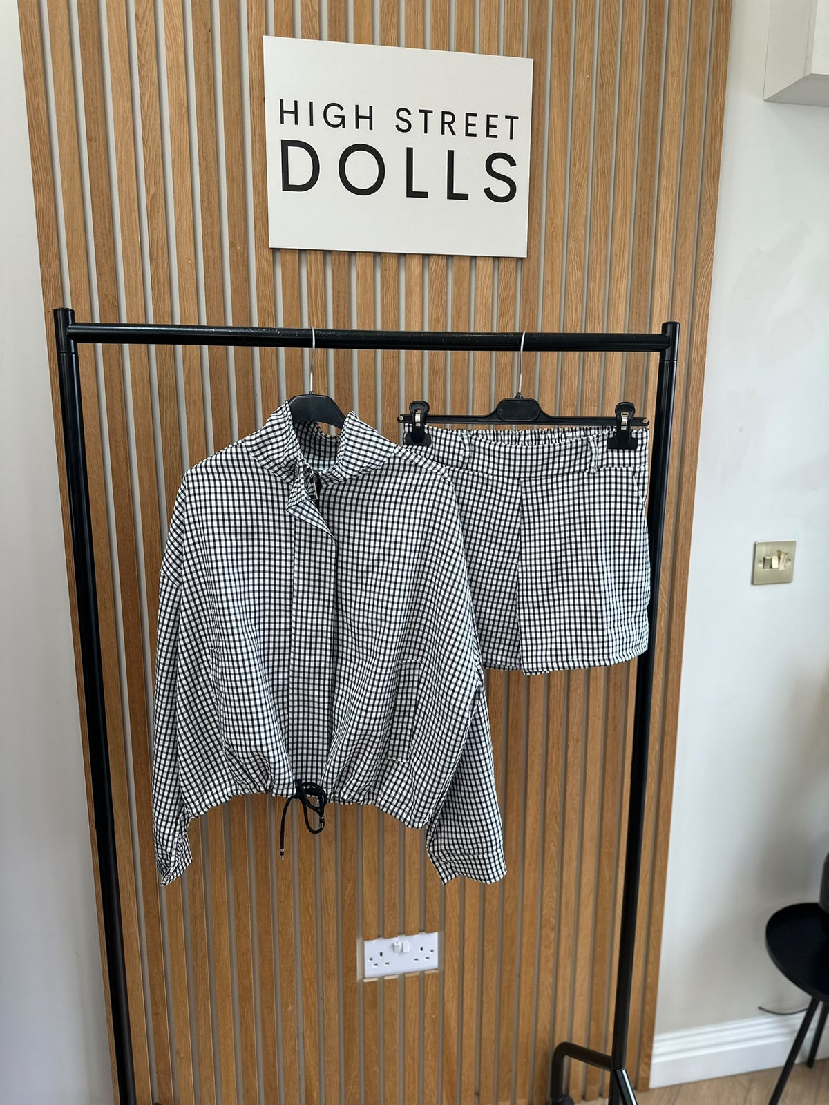 Dolly Gingham Lightweight Jacket and Shorts Set – Women’s Co Ord, Two Piece, Autumn/Winter Layer with Funnel Neckline