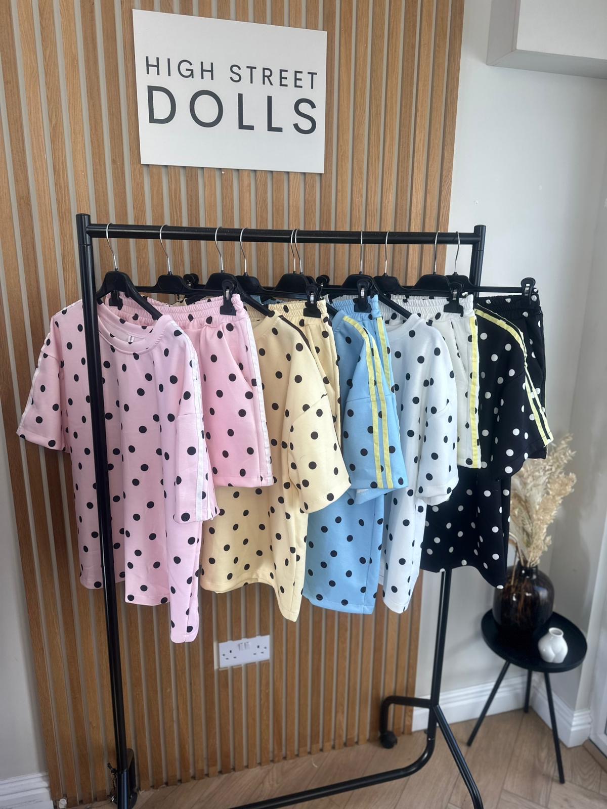 Bibi Polka Dot Print Oversized T Shirt and Shorts Holiday Spring Summer Women’s two piece co-ord Trending Viral Print Stripe Detail