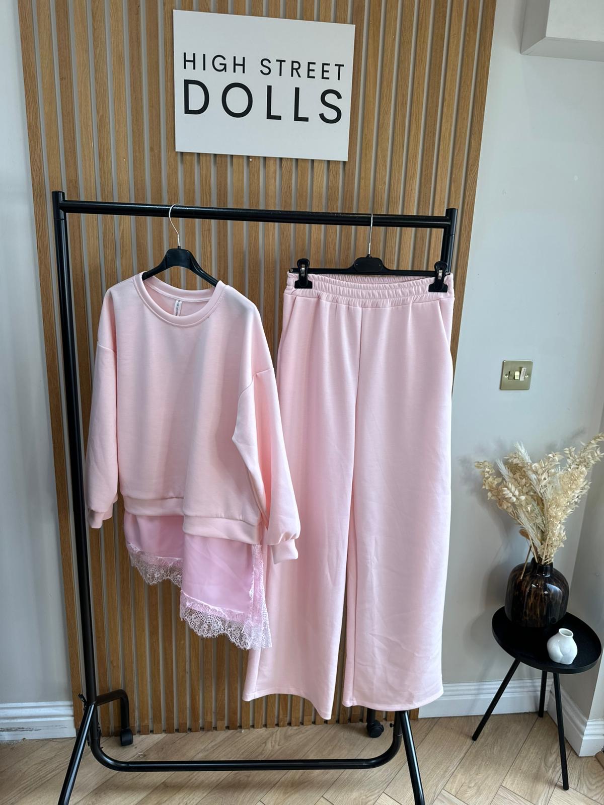 Sloane Lace Lounge Set Tracksuit T shirt with Wide leg Trousers Loungewear Two Piece Spring Summer