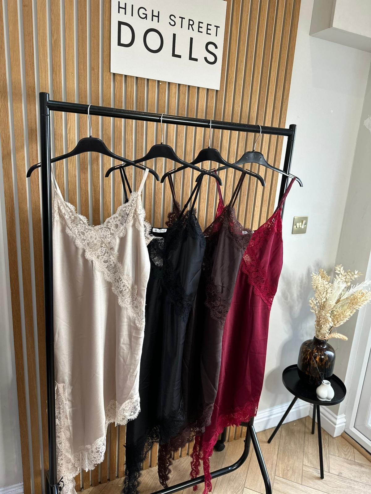 Florence Satin Slip Dress Lace Trim Spaghetti Strap Autumn Winter Christmas Party Festive