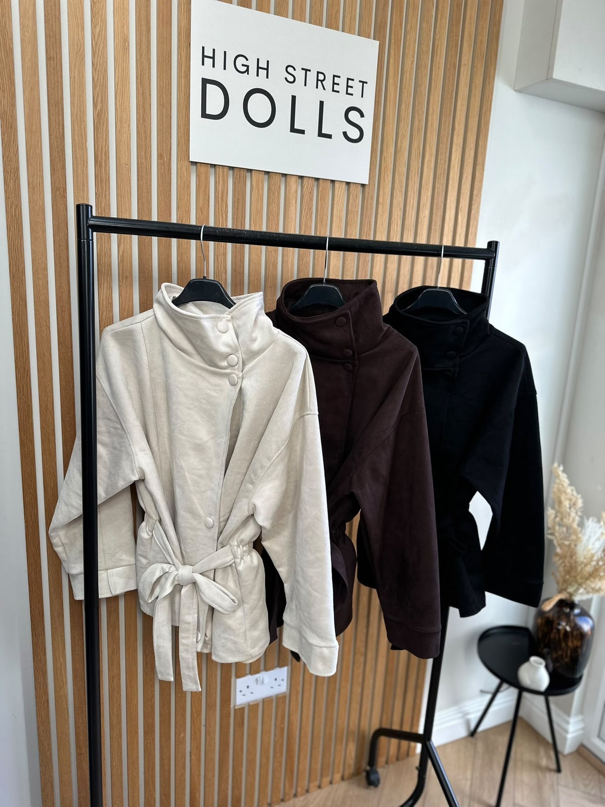 Kiera Suedette Belted Funnel Neck Button-Down Jacket – Autumn/Winter