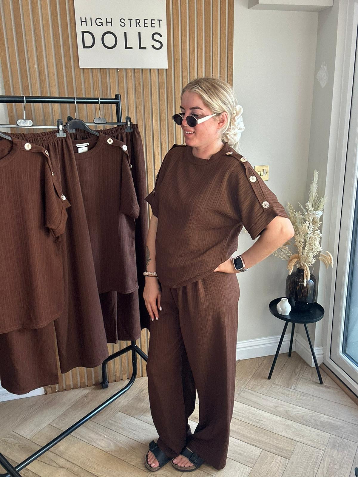 Sadie Crinkle Lounge Set Round Neck Top Shirt with Wide Leg Trousers