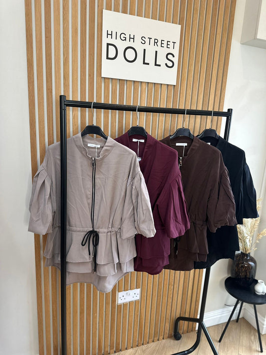 Tilly Peplum Jacket – Women’s Zip-Up Top with Ruffle Details & Balloon Sleeves, Autumn/Winter