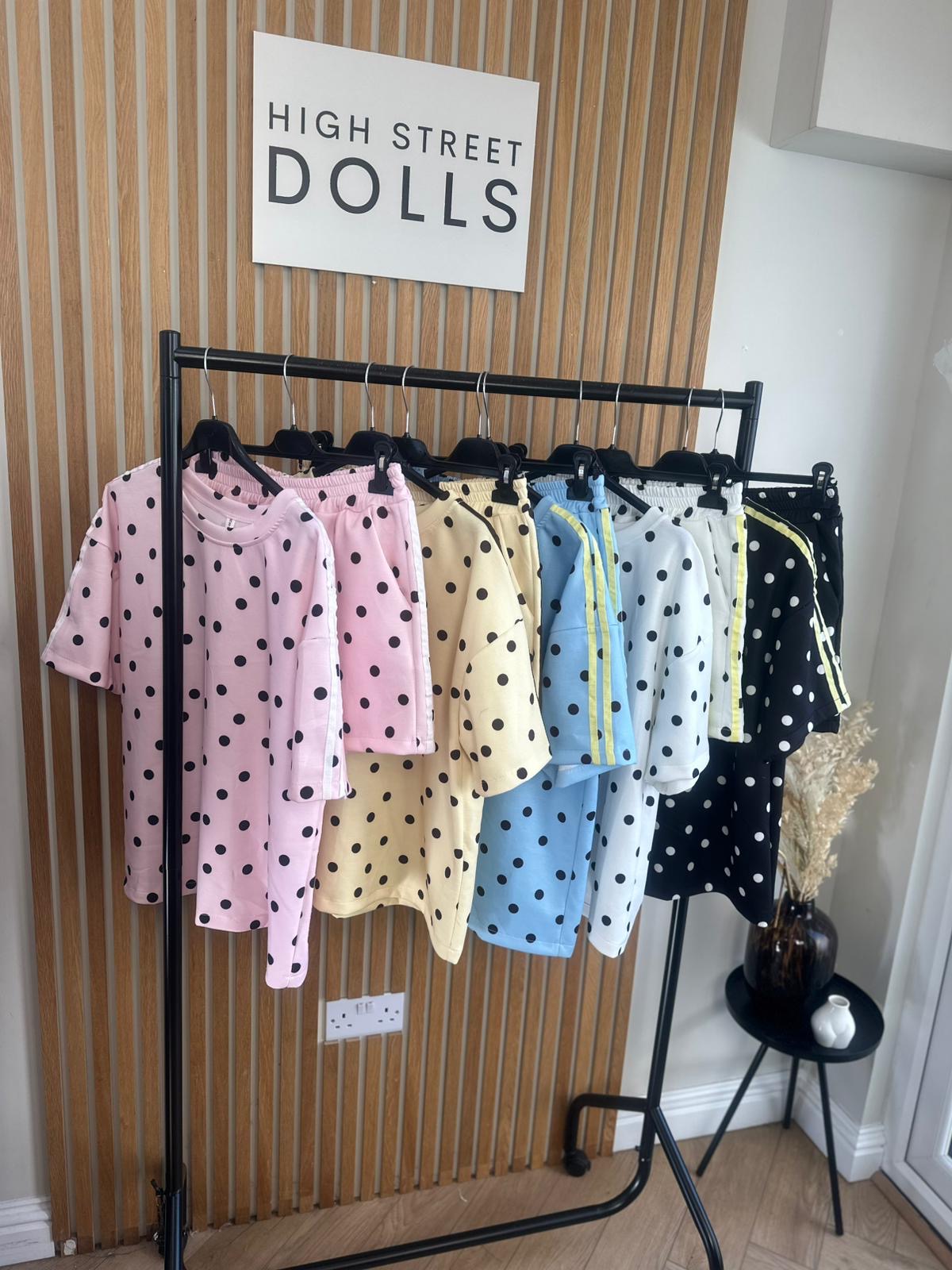 Bibi Polka Dot Print Oversized T Shirt and Shorts Holiday Spring Summer Women’s two piece co-ord Trending Viral Print Stripe Detail