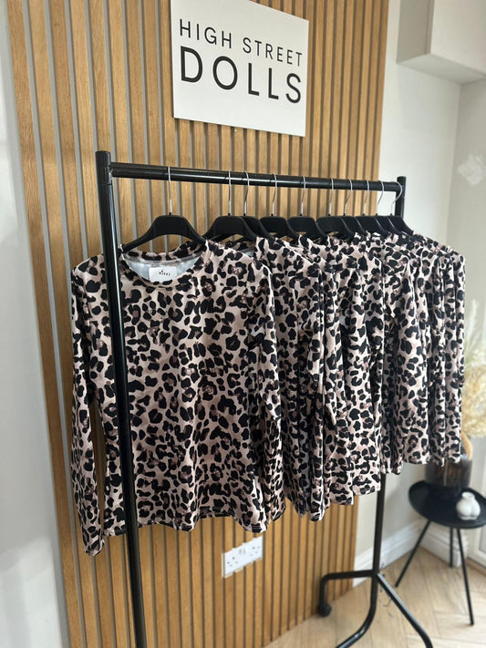 Minnie Leopard Print Long Sleeve Fitted Top T Shirt Round Neckline Autumn Winter Fashion