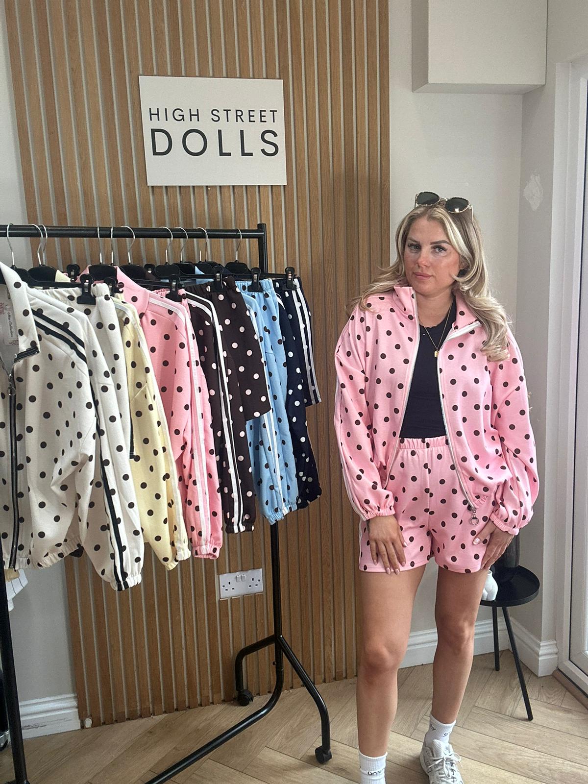 Harlo Polka Dot Print Bomber Jacket and Shorts Holiday Spring Summer Women’s two piece co-ord Trending Viral Print Stripe Detail