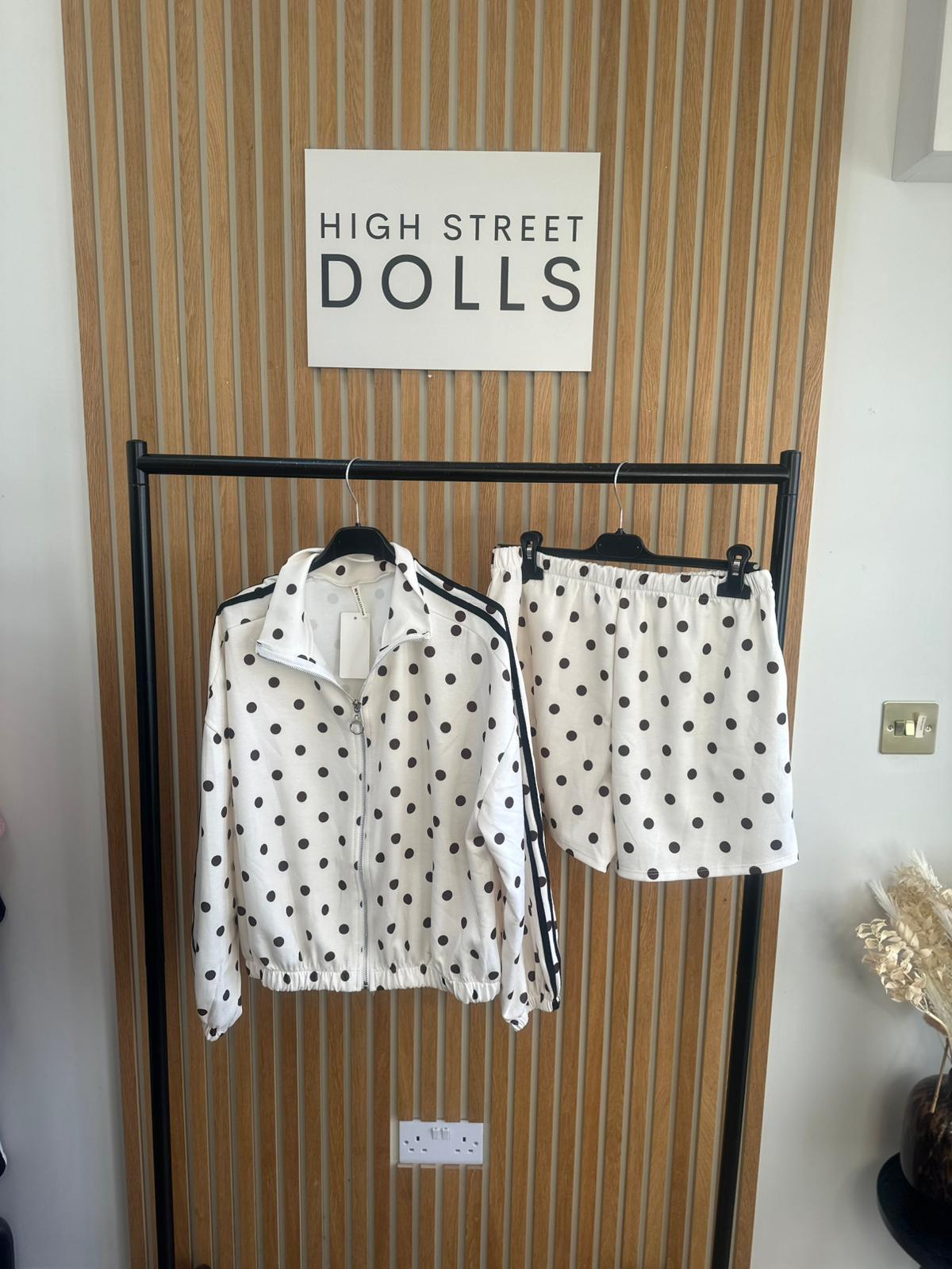 Harlo Polka Dot Print Bomber Jacket and Shorts Holiday Spring Summer Women’s two piece co-ord Trending Viral Print Stripe Detail