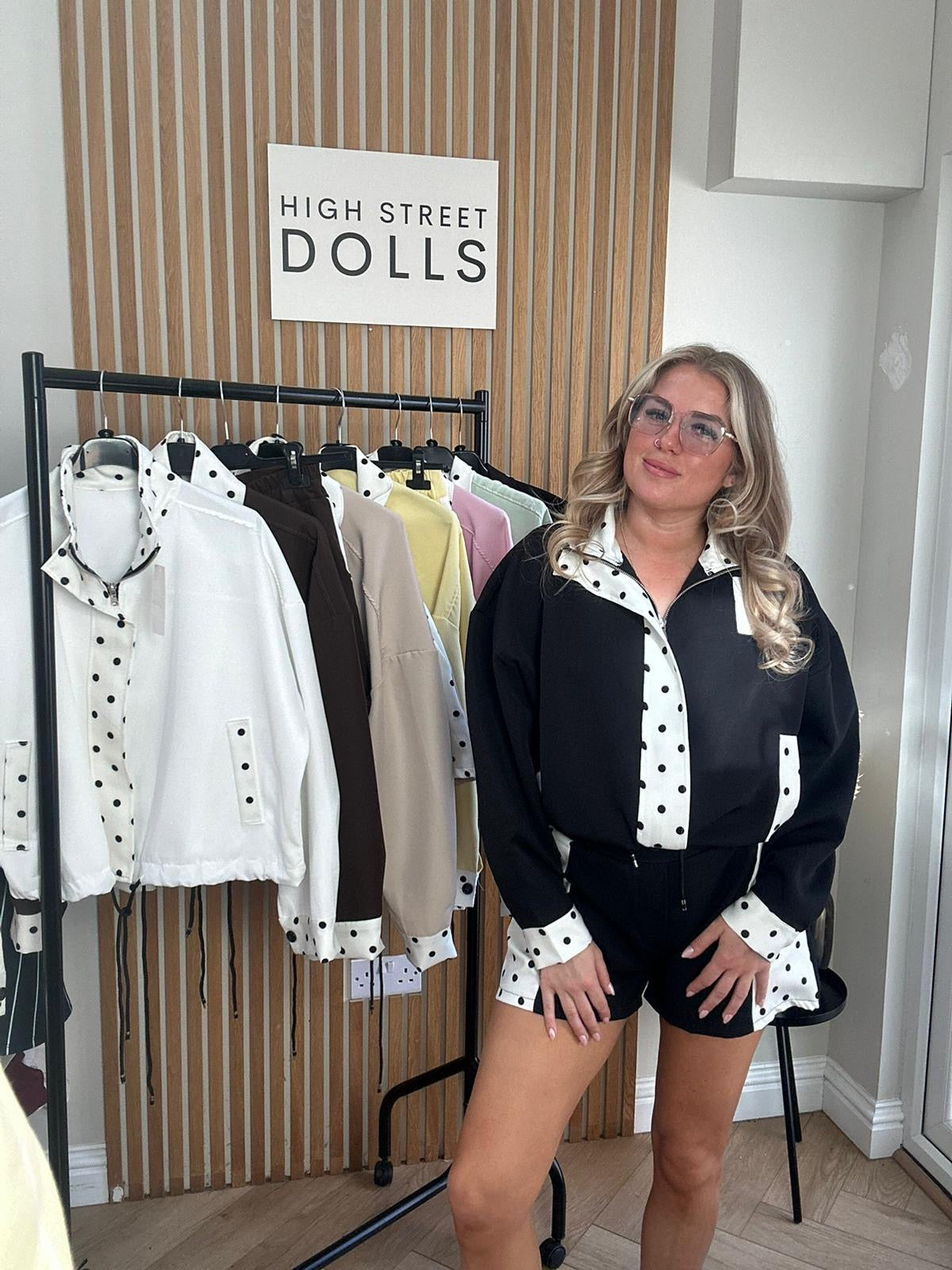 Sage Polka Dot Print Jacket and Shorts Holiday Spring Summer Women’s two piece co-ord Trending Viral Print Stripe Detail