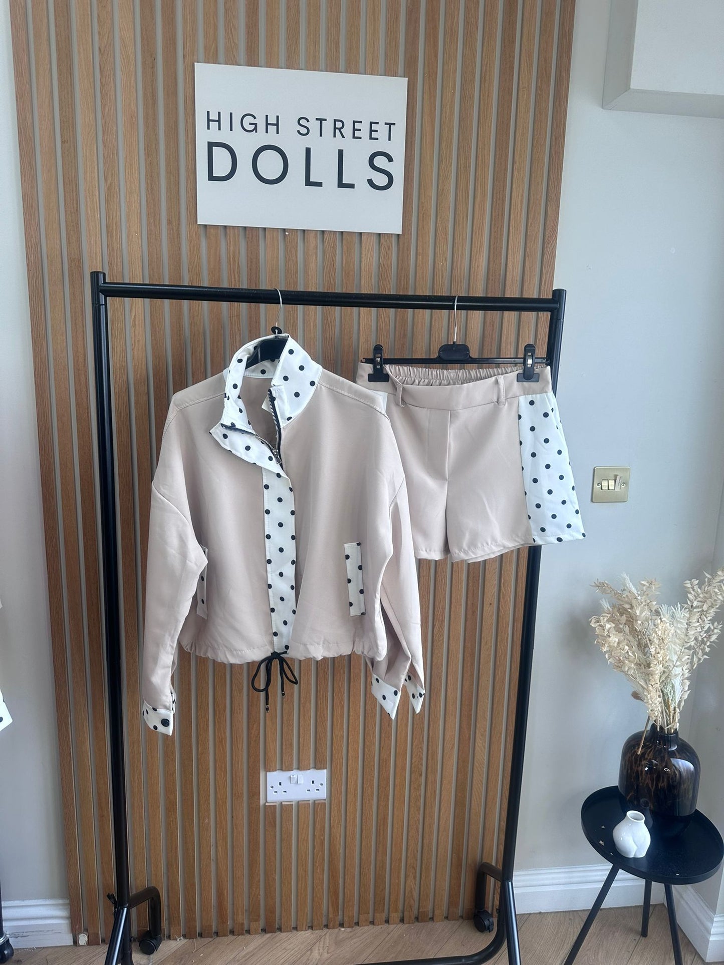 Sage Polka Dot Print Jacket and Shorts Holiday Spring Summer Women’s two piece co-ord Trending Viral Print Stripe Detail