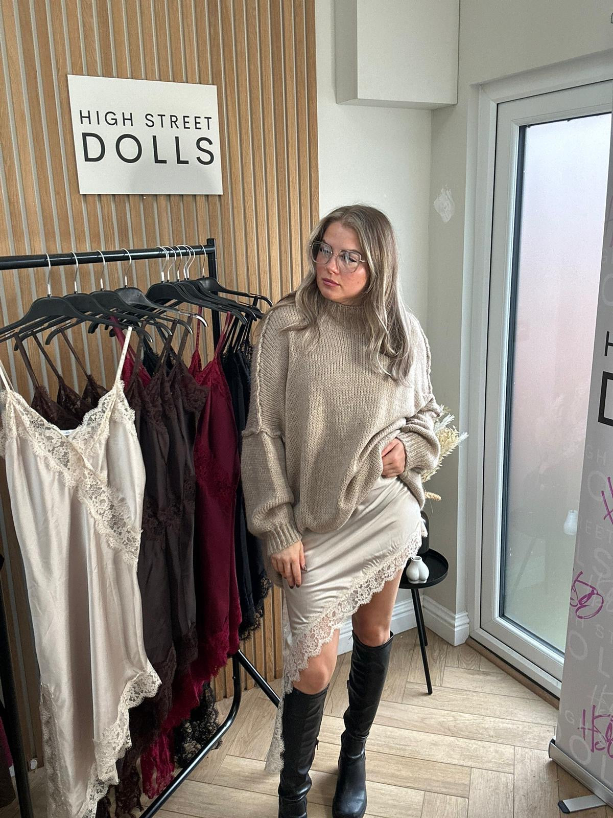 Florence Satin Slip Dress Lace Trim Spaghetti Strap Autumn Winter Christmas Party Festive