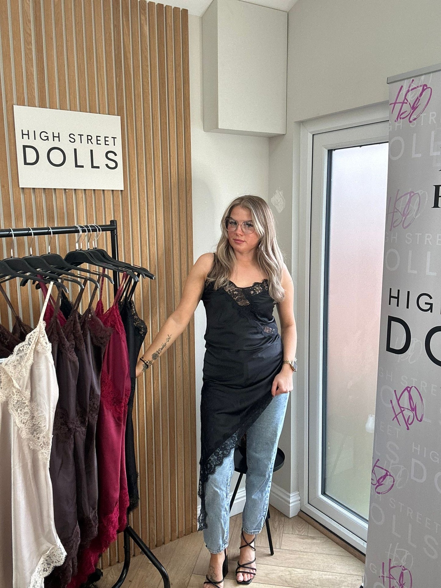 Florence Satin Slip Dress Lace Trim Spaghetti Strap Autumn Winter Christmas Party Festive