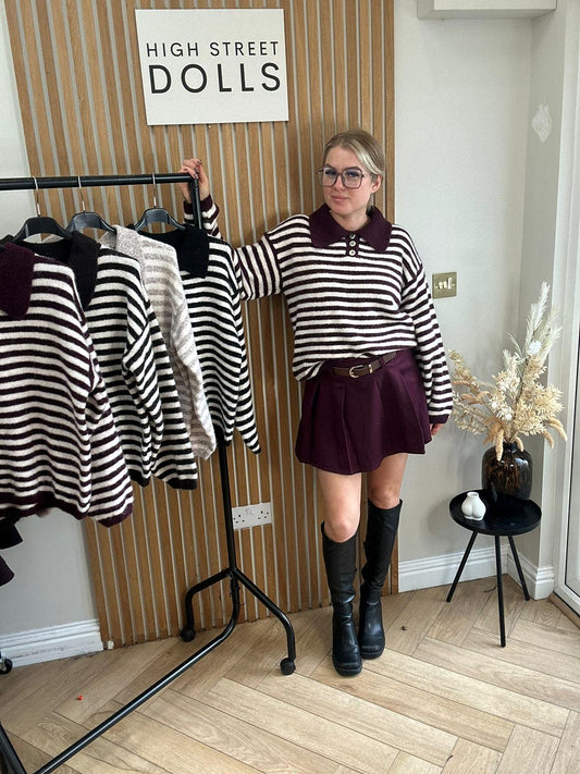 Sara Knitted Jumper Stripe Detail Slouchy Knitwear Button Up with Collar Autumn Winter