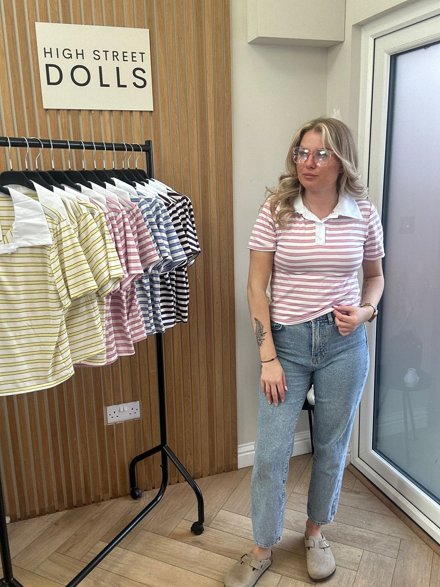 Billie Striped Rugby Top Fitted Short Sleeve T Shirt Collared Neckline Spring Summer Fashion