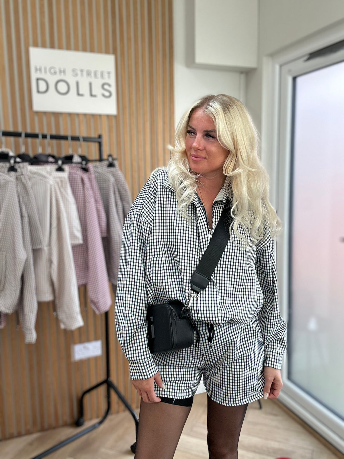 Dolly Gingham Lightweight Jacket and Shorts Set – Women’s Co Ord, Two Piece, Autumn/Winter Layer with Funnel Neckline