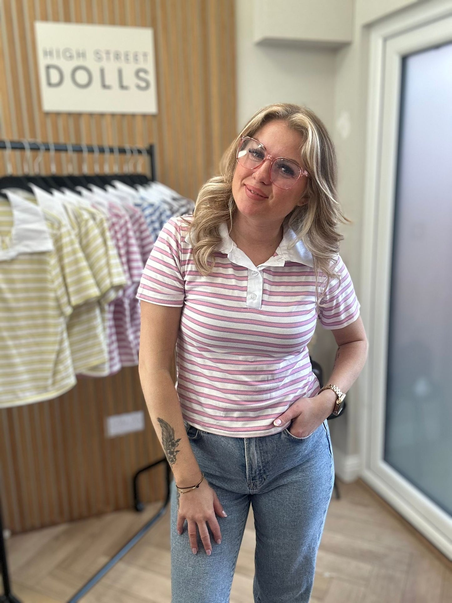 Billie Striped Rugby Top Fitted Short Sleeve T Shirt Collared Neckline Spring Summer Fashion