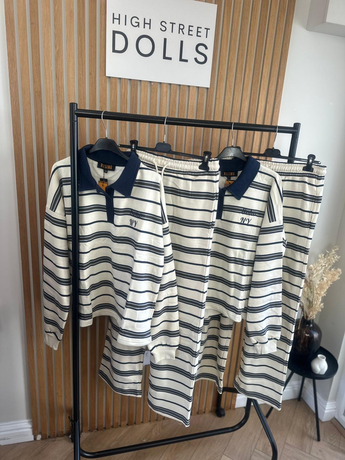 Elodie Stripe Lounge Set Cream and Navy Co Ord Rugby Top and Trousers Long Sleeve Loungewear Two Piece Spring Summer Denim Details
