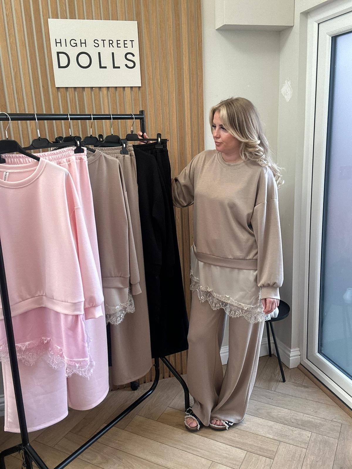 Sloane Lace Lounge Set Tracksuit T shirt with Wide leg Trousers Loungewear Two Piece Spring Summer