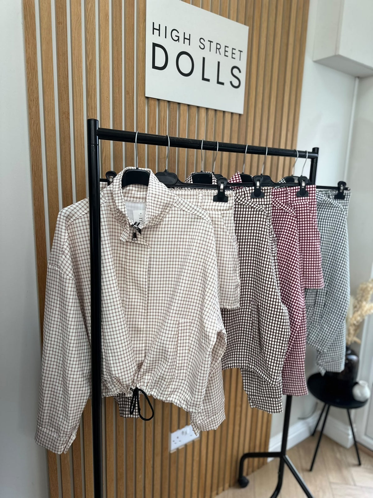 Dolly Gingham Lightweight Jacket and Shorts Set – Women’s Co Ord, Two Piece, Autumn/Winter Layer with Funnel Neckline