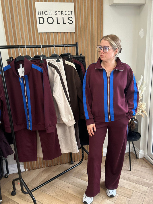 Esme Lounge Set Tracksuit Loungewear Zip Up Jacket Wide Leg Trousers Stripe detail Jersey