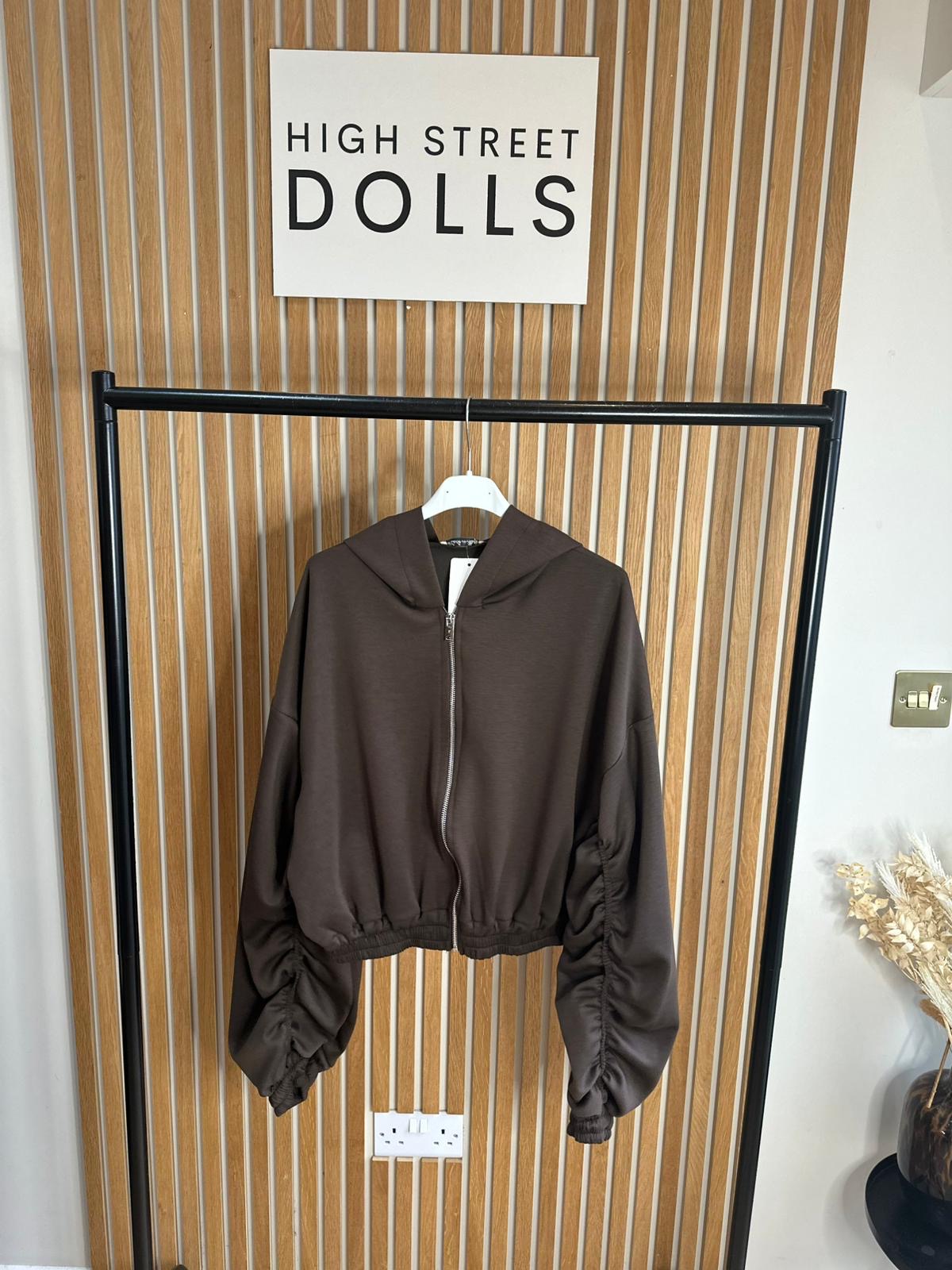 Reene Cropped Ruched Sleeve Hoodie Zip Up Jacket Jersey Spring Summer Winter