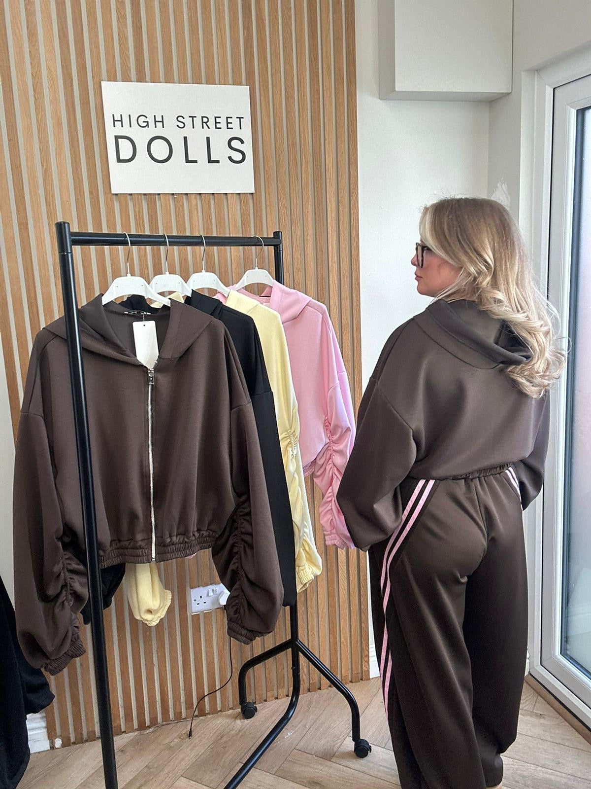 Reene Cropped Ruched Sleeve Hoodie Zip Up Jacket Jersey Spring Summer Winter