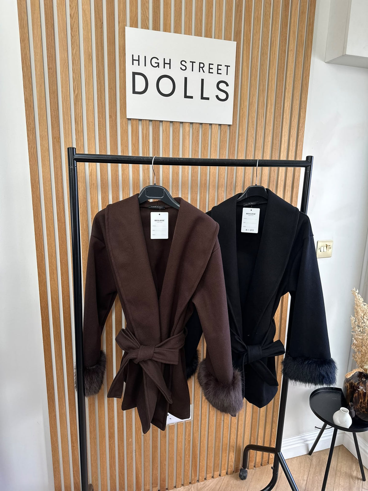 Celeste Luxe Belted Wrap Coat with Faux Fur Cuffs – Mid Length Jacket Autumn Winter