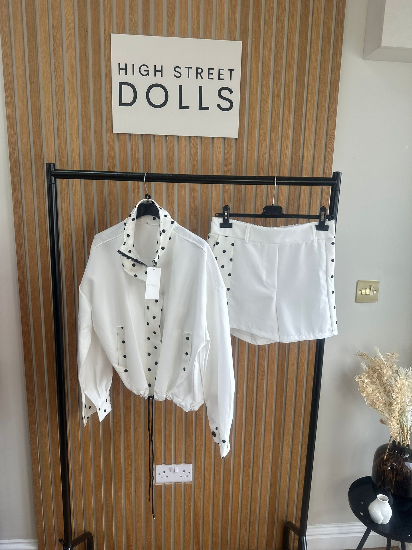 Sage Polka Dot Print Jacket and Shorts Holiday Spring Summer Women’s two piece co-ord Trending Viral Print Stripe Detail
