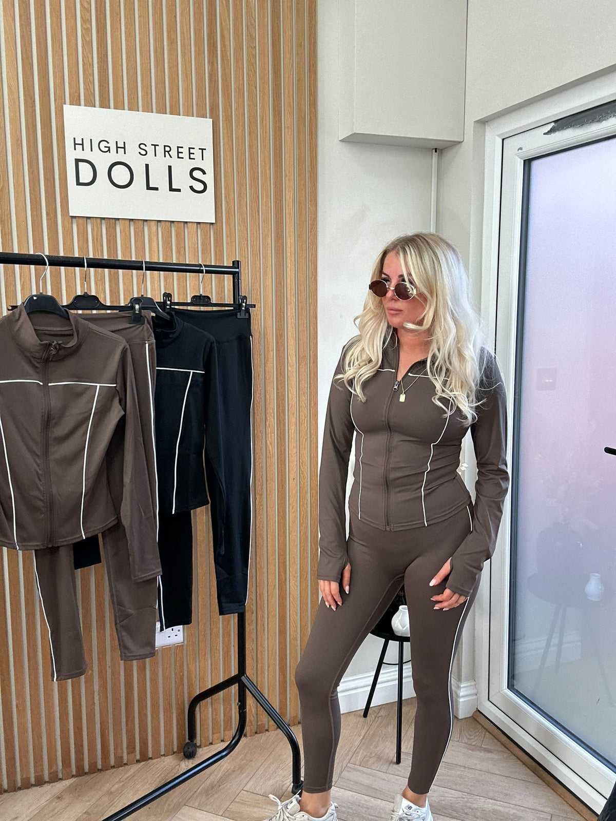 Alora Fitted Lycra Gym Set | Zip-Up Jacket & Leggings with White Piping Detail