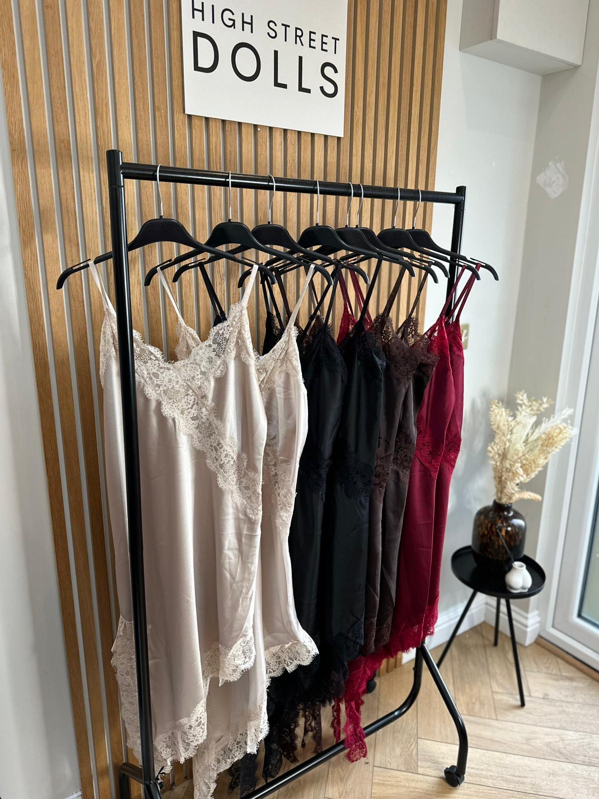 Florence Satin Slip Dress Lace Trim Spaghetti Strap Autumn Winter Christmas Party Festive