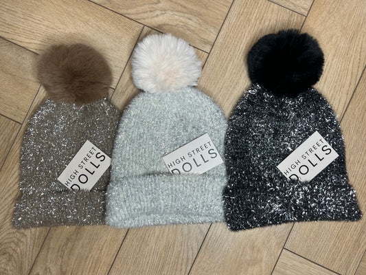 Tinsel Beanie Hat Faux Fur Pom Pom