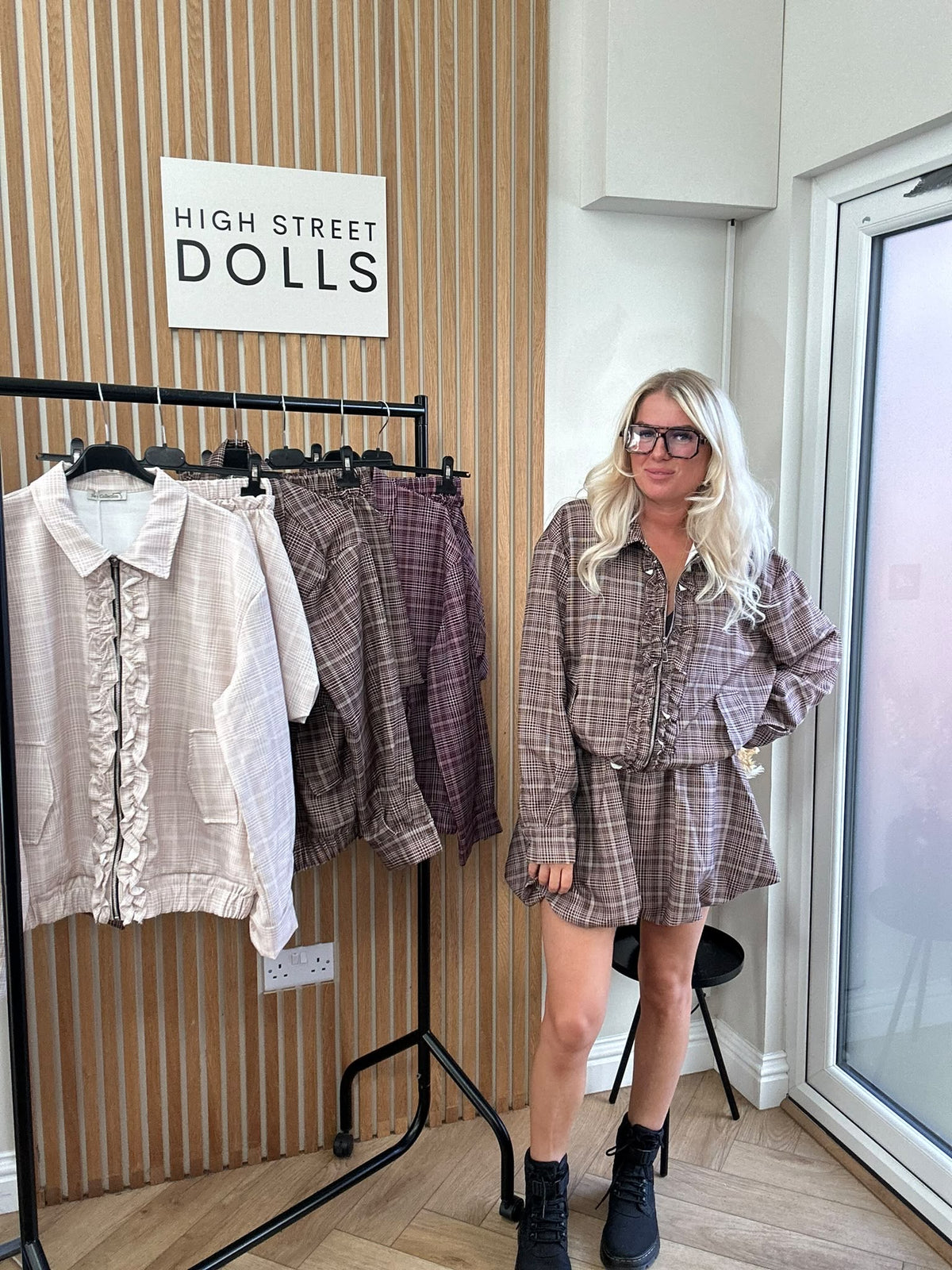 Elle Checkered Zip Jacket & Matching Skirt Co-Ord Set – Autumn/Winter Tartan Fabric
