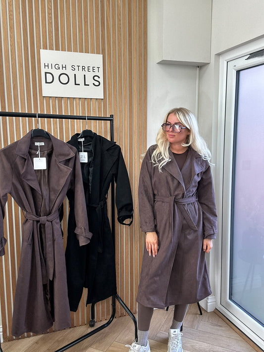 Aislinn Luxe Suede Midi Trench Coat – Autumn Winter Belted Jacket