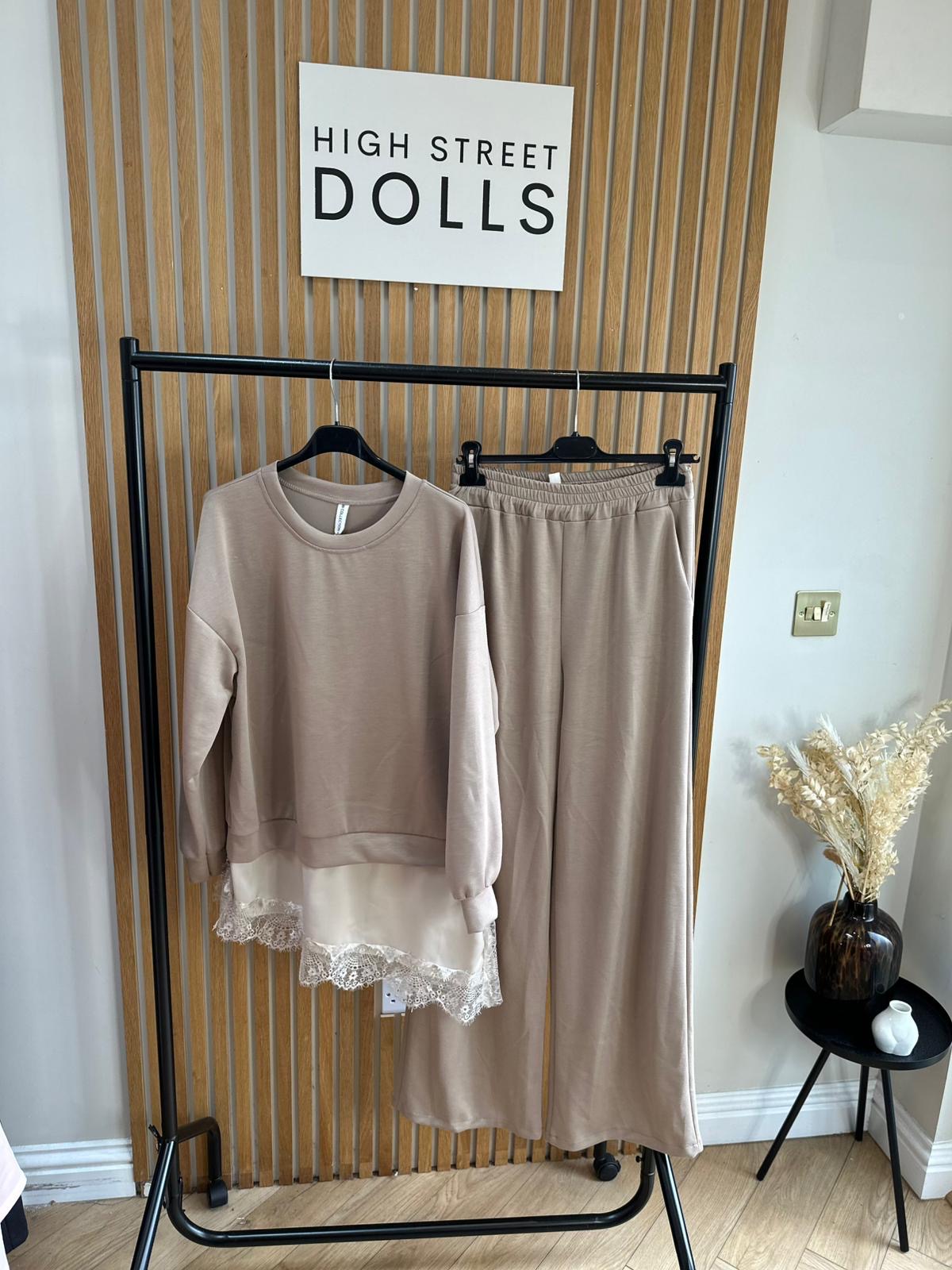 Sloane Lace Lounge Set Tracksuit T shirt with Wide leg Trousers Loungewear Two Piece Spring Summer