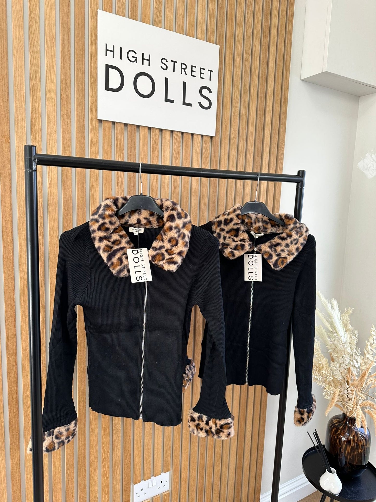 Leopard Print Collar Fine Knit Jumper Zip Up Faux Fur