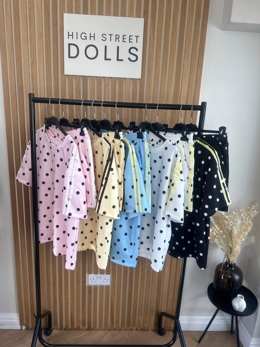 Bibi Polka Dot Print Oversized T Shirt and Shorts Holiday Spring Summer Women’s two piece co-ord Trending Viral Print Stripe Detail
