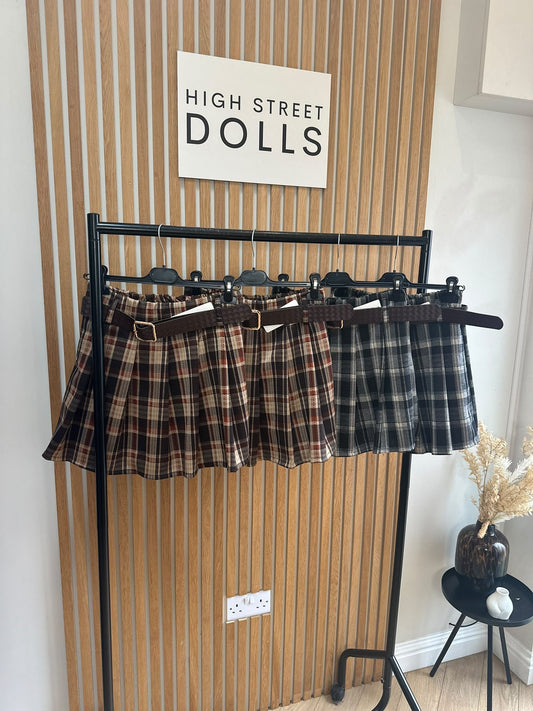 Cassidy Tartan Check Pleated Shorts/Skort – Belt Included, Front Pleated Skirt, Autumn Winter Women’s Fashion