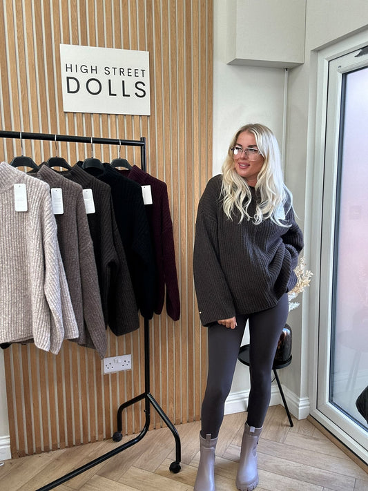 Emily Oversized Knitted Zip-Up Cardigan with Bell Sleeves & Funnel Neckline – Autumn Winter Knitwear