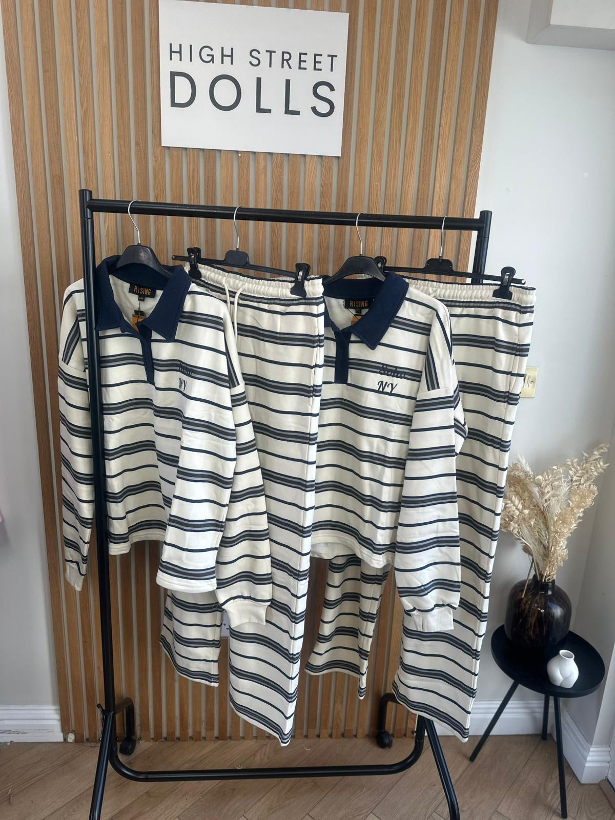 Elodie Stripe Lounge Set Cream and Navy Co Ord Rugby Top and Trousers Long Sleeve Loungewear Two Piece Spring Summer Denim Details