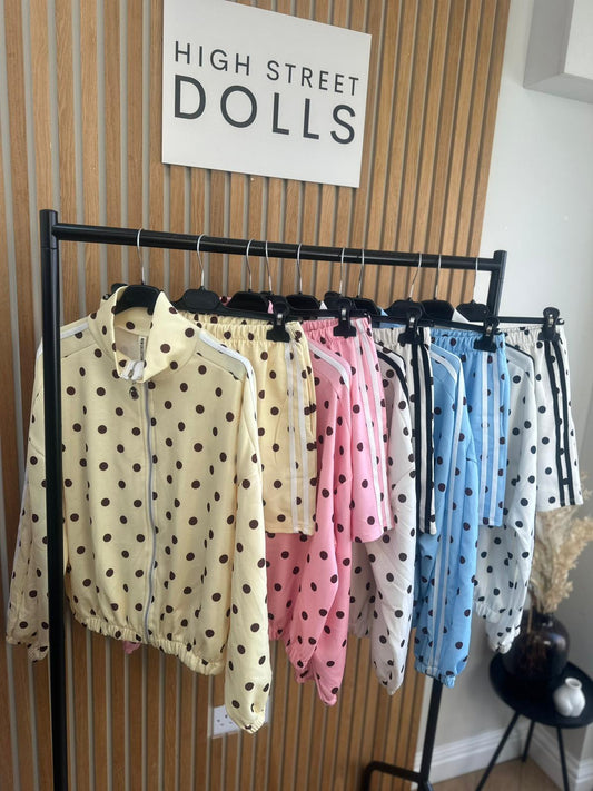 Harlo Polka Dot Print Bomber Jacket and Shorts Holiday Spring Summer Women’s two piece co-ord Trending Viral Print Stripe Detail