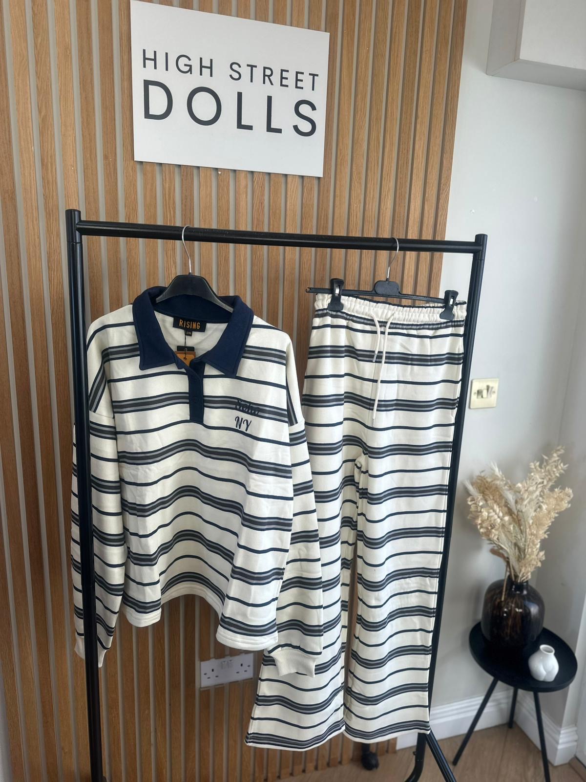 Elodie Stripe Lounge Set Cream and Navy Co Ord Rugby Top and Trousers Long Sleeve Loungewear Two Piece Spring Summer Denim Details