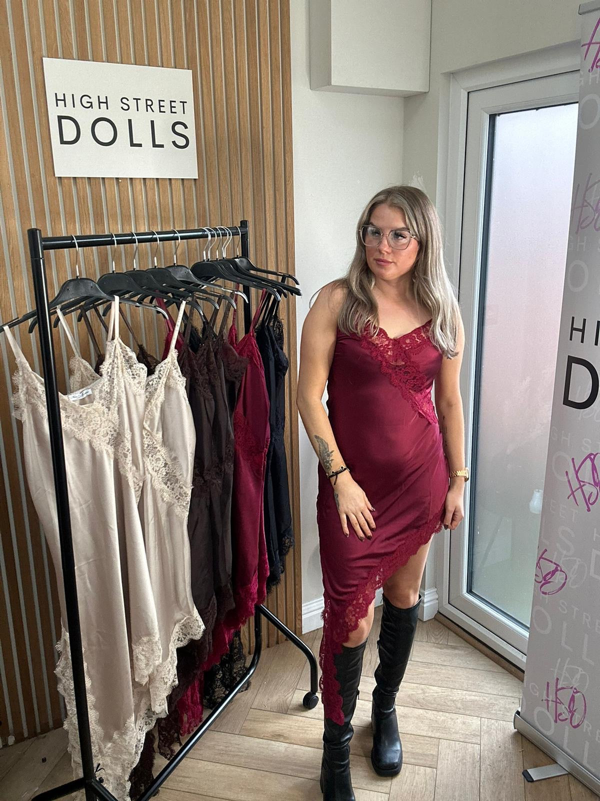 Florence Satin Slip Dress Lace Trim Spaghetti Strap Autumn Winter Christmas Party Festive