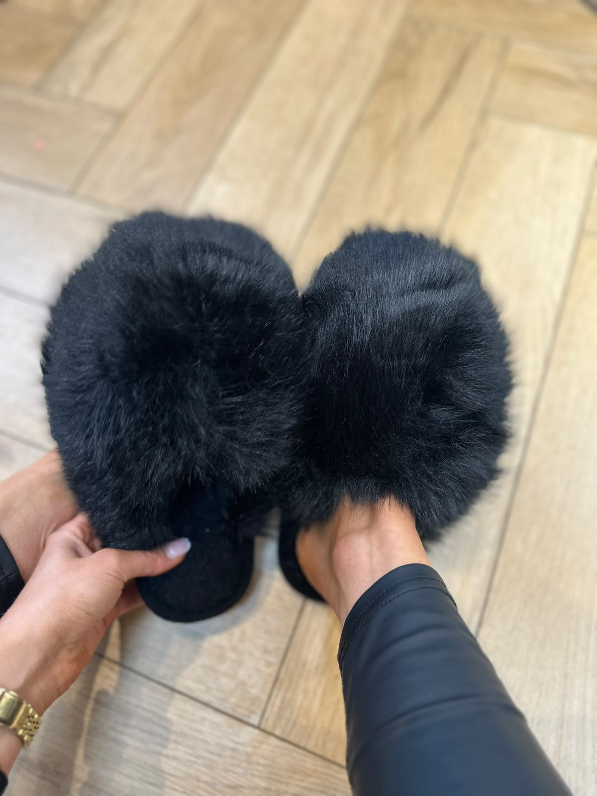 Fluffy XL Pom Pom Slippers Faux Fur Lined Cosy Slippers Autumn Winter Christmas Present