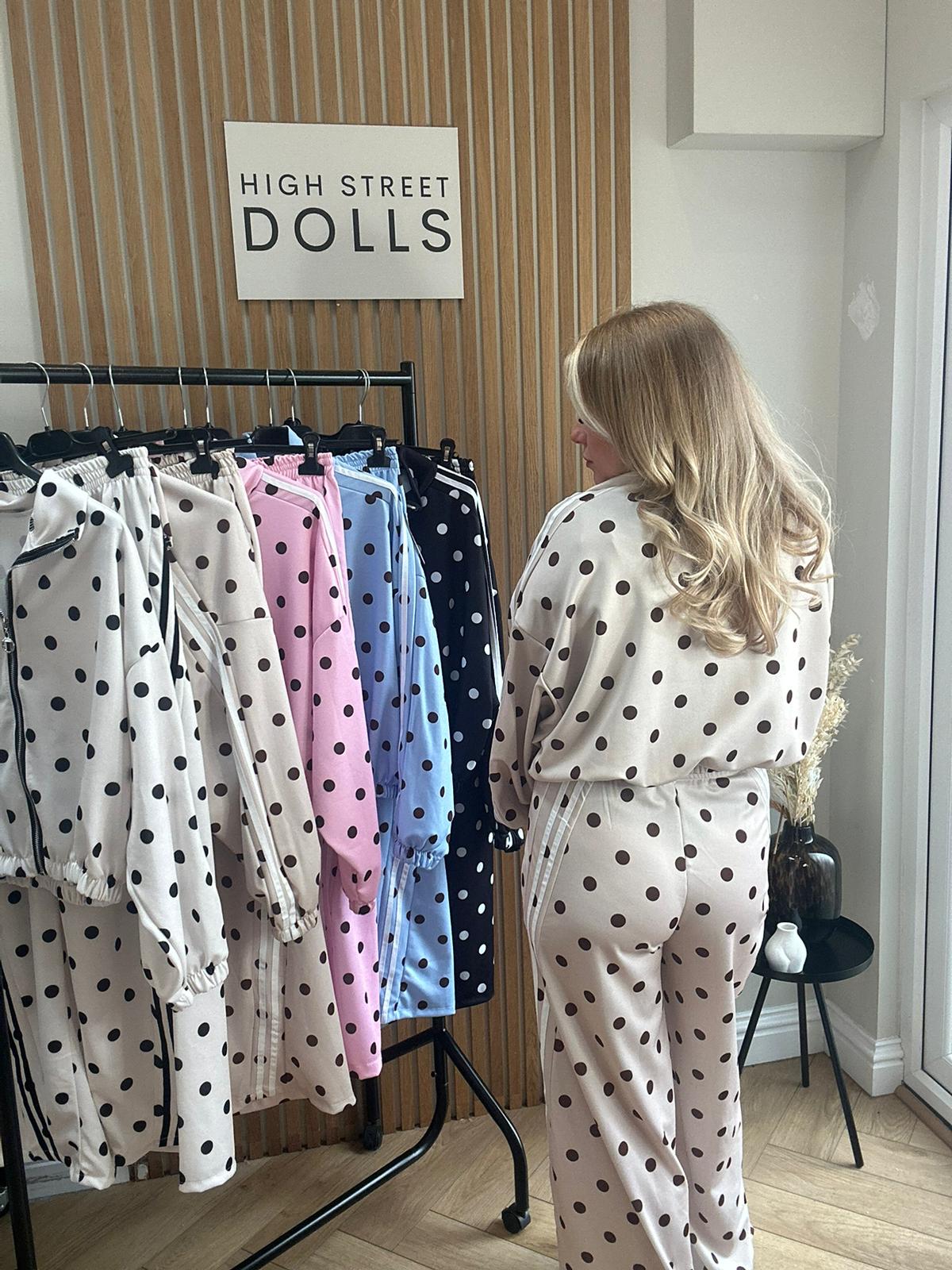 Rouge Polka Dot Bomber Jacket and Wide Leg Trousers Lounge Set Spring Summer Women’s Two Piece Co Ord Trending Viral Print Stripe Detail
