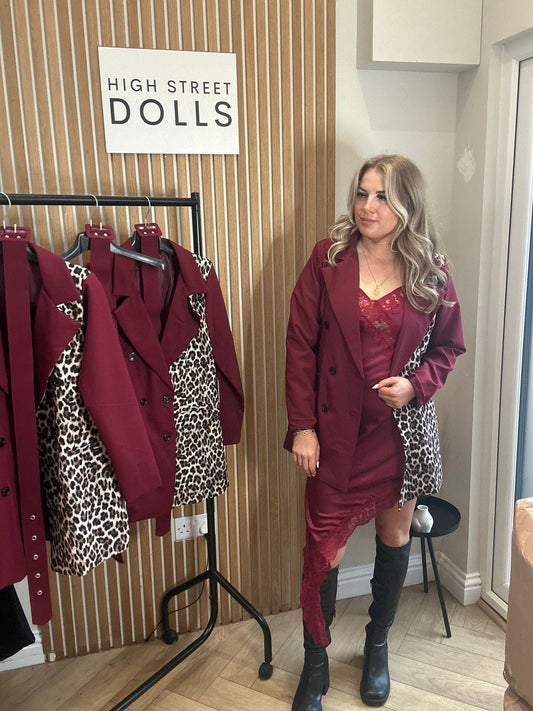 Elena Burgundy Leopard Print Blazer Double Breasted Daywear Evening Wear Autumn Winter