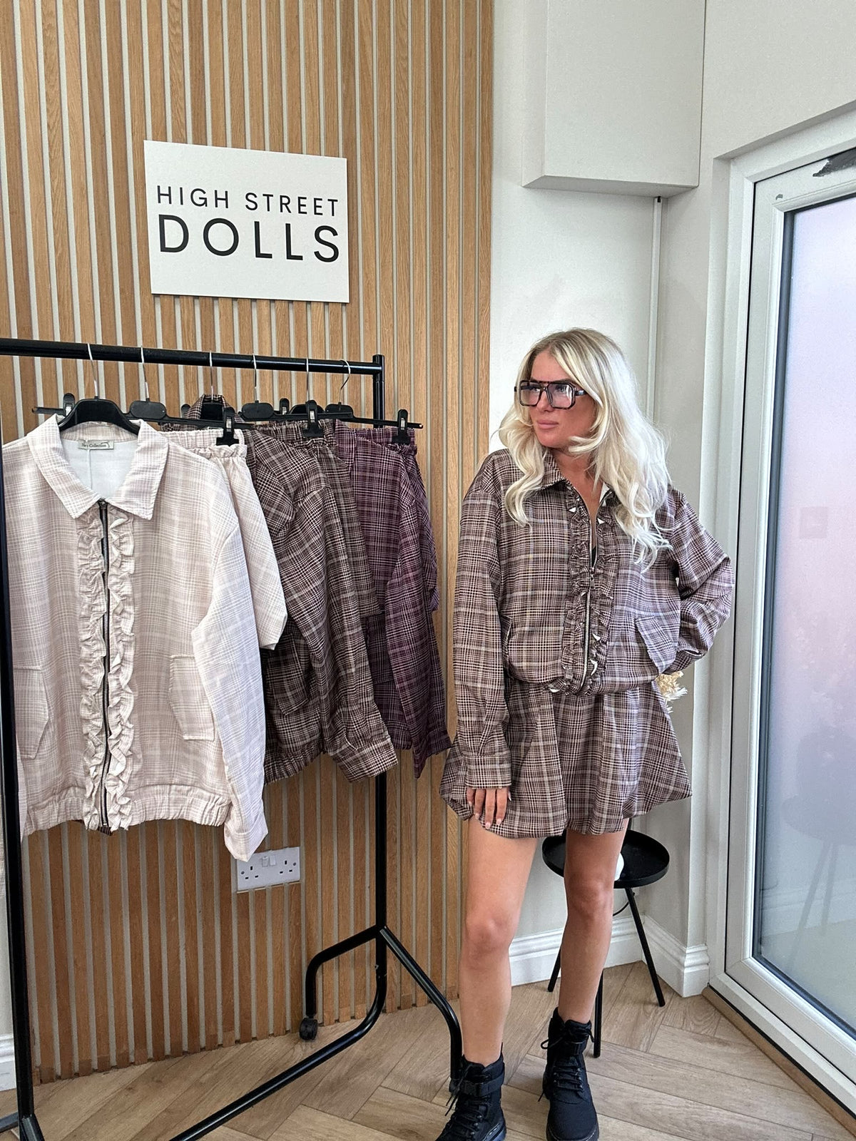 Elle Checkered Zip Jacket & Matching Skirt Co-Ord Set – Autumn/Winter Tartan Fabric