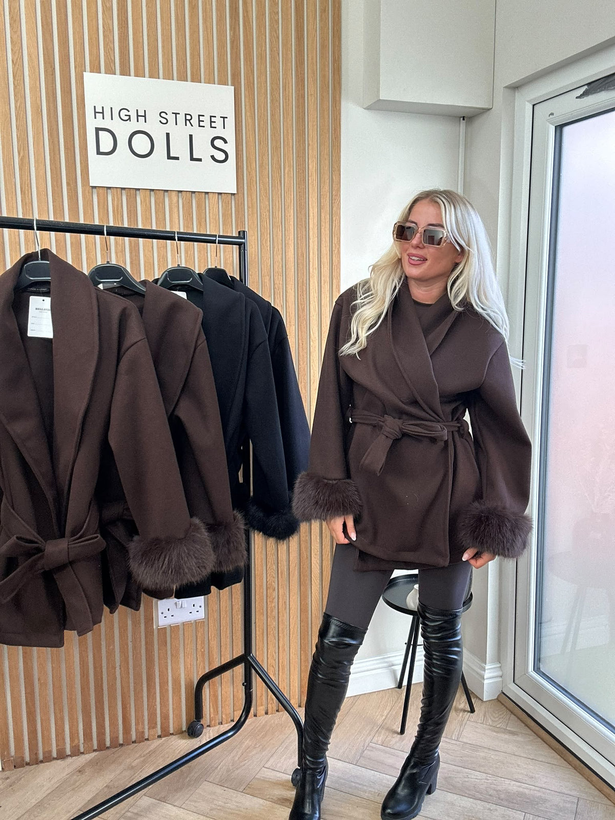 Celeste Luxe Belted Wrap Coat with Faux Fur Cuffs – Mid Length Jacket Autumn Winter