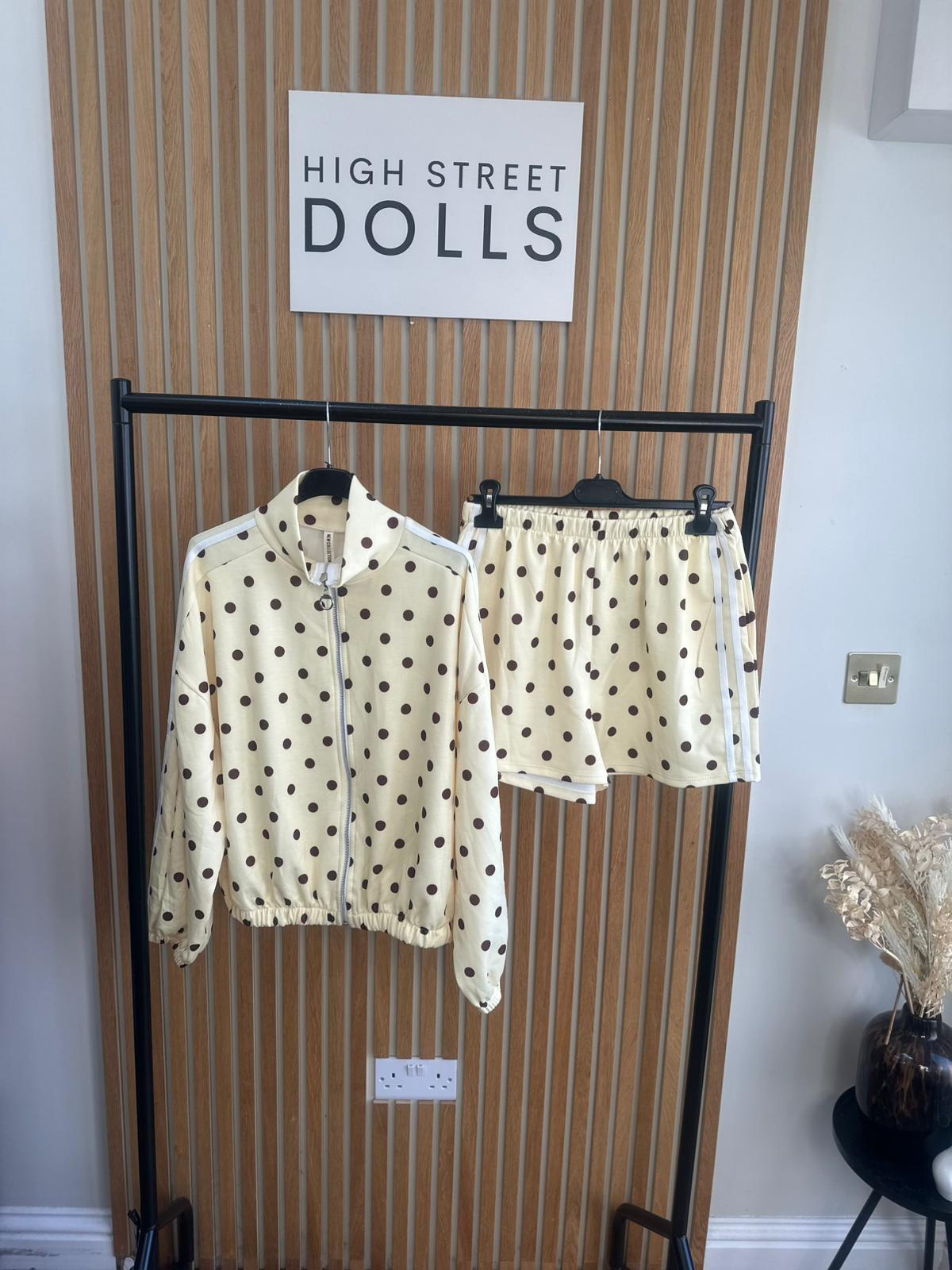Harlo Polka Dot Print Bomber Jacket and Shorts Holiday Spring Summer Women’s two piece co-ord Trending Viral Print Stripe Detail