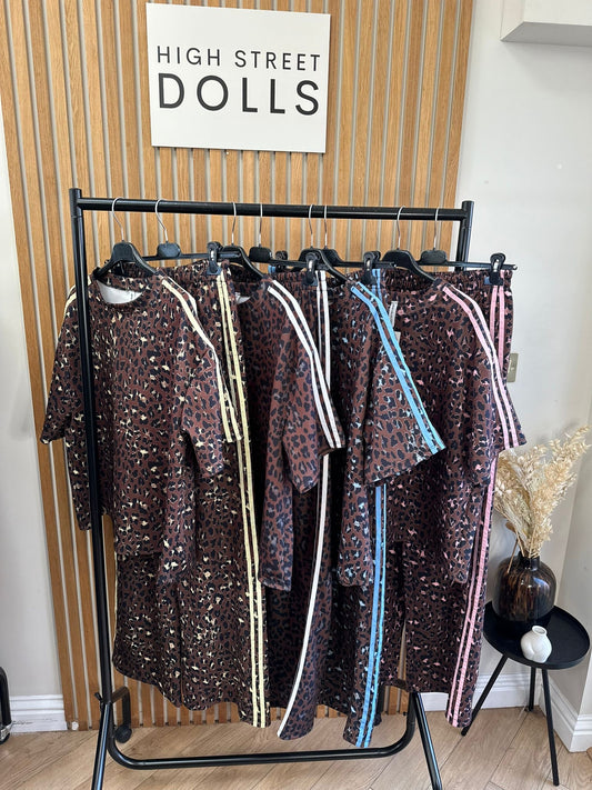 Alessia Leopard Print Stripe Lounge Set T shirt with Wide leg Trousers Tracksuit Loungewear Two Piece Spring Summer