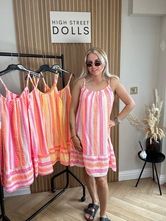 Ivy Cheesecloth Printed Dress Mini Length Stripe Print Holiday Summer