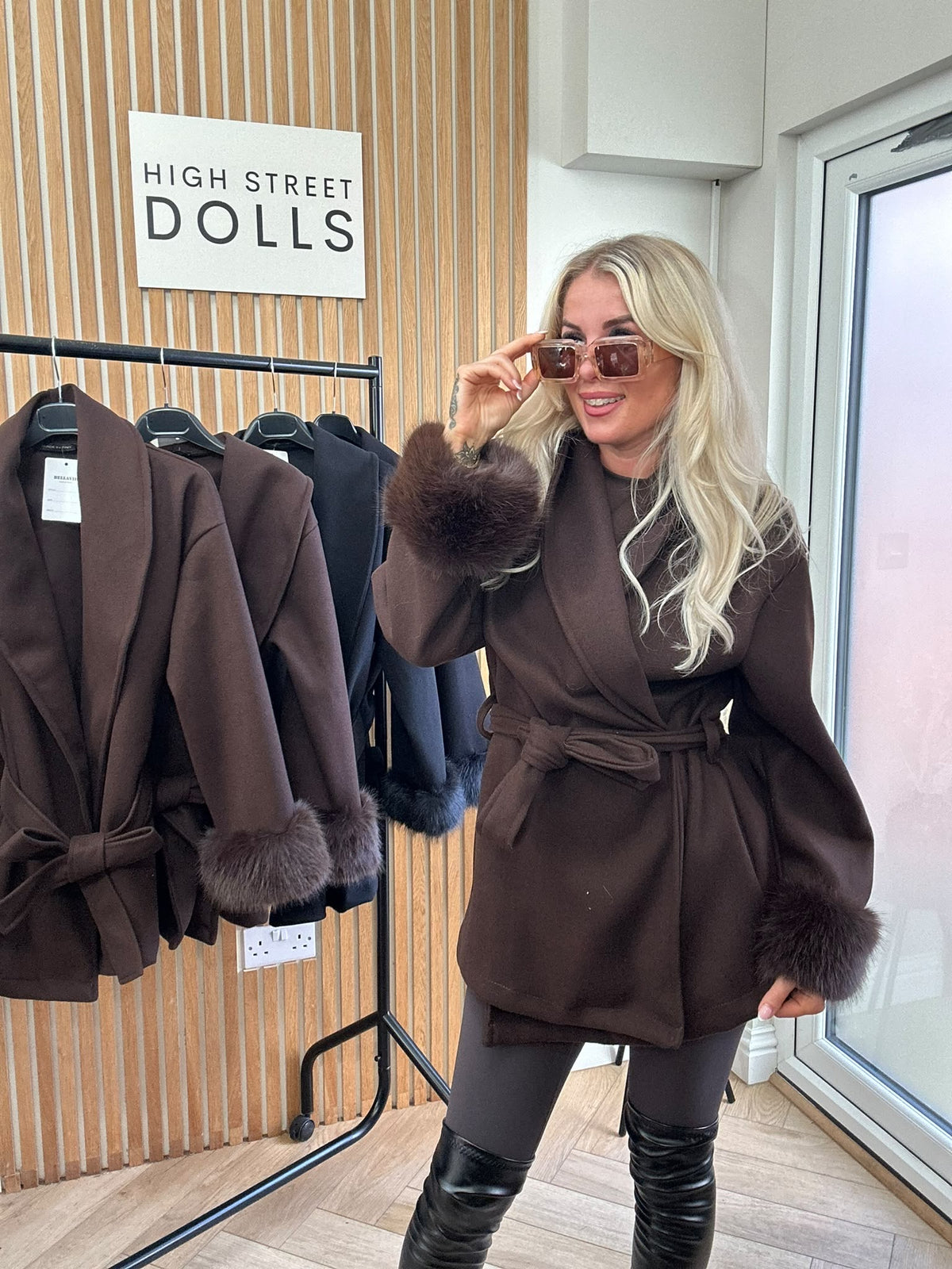 Celeste Luxe Belted Wrap Coat with Faux Fur Cuffs – Mid Length Jacket Autumn Winter